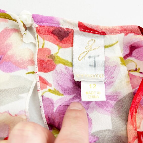 Z STUDIO Watercolor Floral Shift Dress SZ 12 Ruffled Semi-Sheer Pretty Feminine - Picture 6 of 11